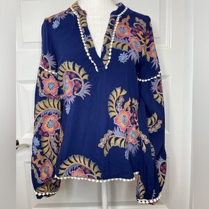 Romeo & Juliet Couture Navy Multicolor Embroidered Blouse Size Small